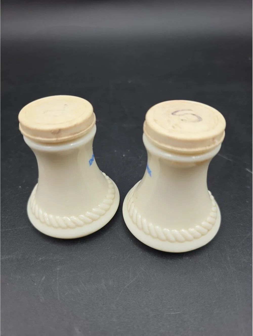 Box #1 Vintage Dollar Savings Bank Advertisement Milk Glass Salt Pepper Shakers